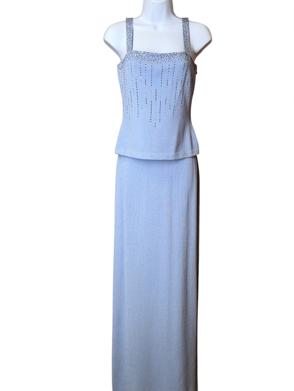 St. John Light Blue Santana Knit Crystal Embellished Evening Top & Skirt Set